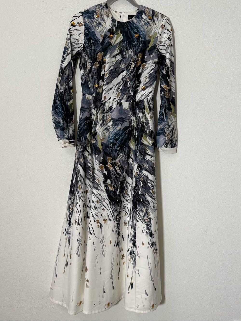 Annah Hariri Embellished Abstract Print Satin Maxi Dress US 4 Modest Occasion